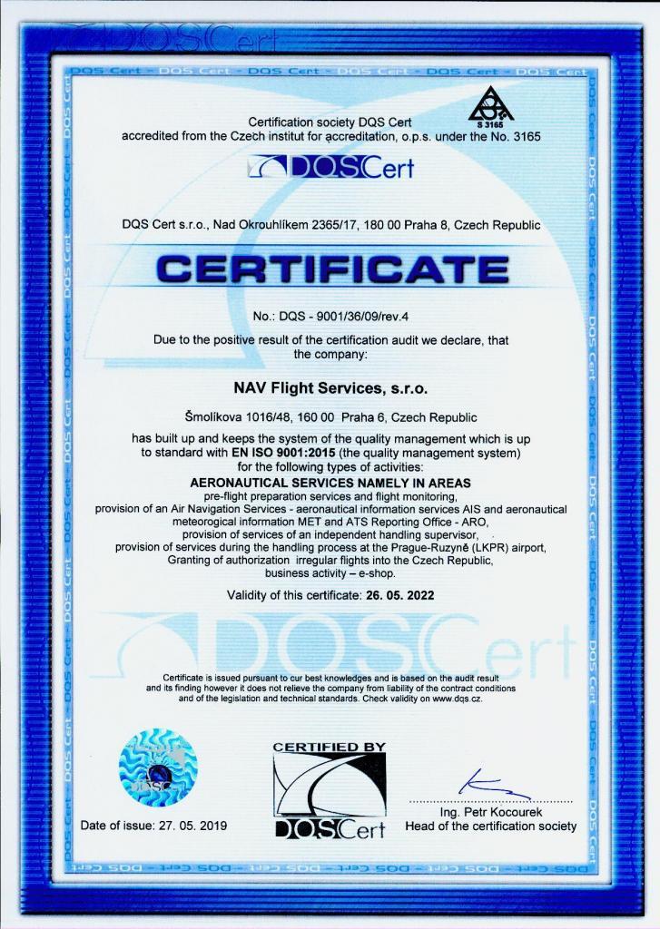 NAV CNAV Certificate EN ISO 9001:2015 for Aeronautical services